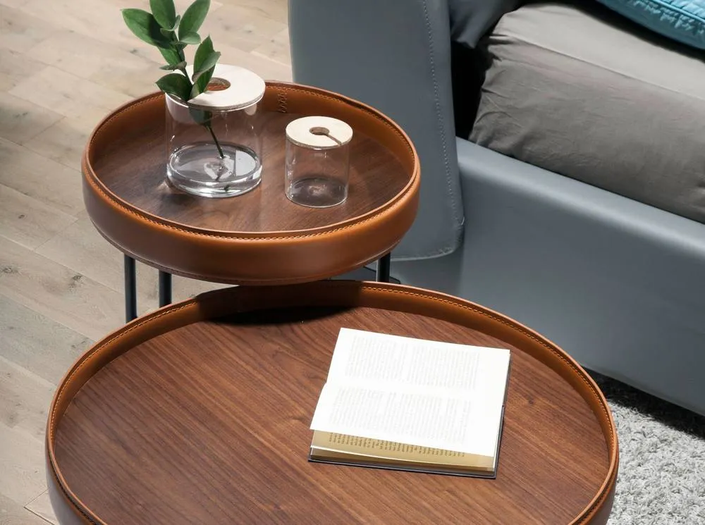 Angel Cerda Round Coffee Table, Walnut Top, Black Steel Legs, Orange Detail in Tan 5
