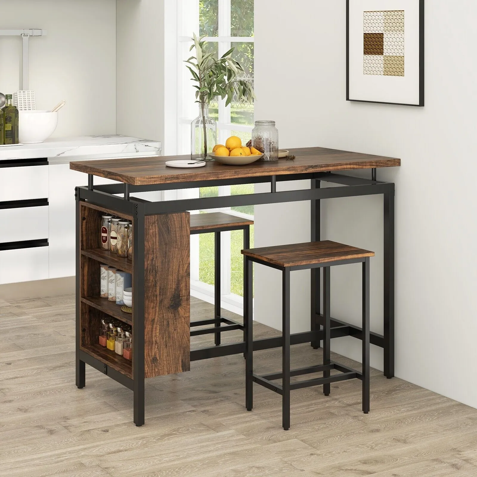Costway 3Pcs Dining Table Set Counter-Height Dining Table & 2 Bar Stool in Brown 3
