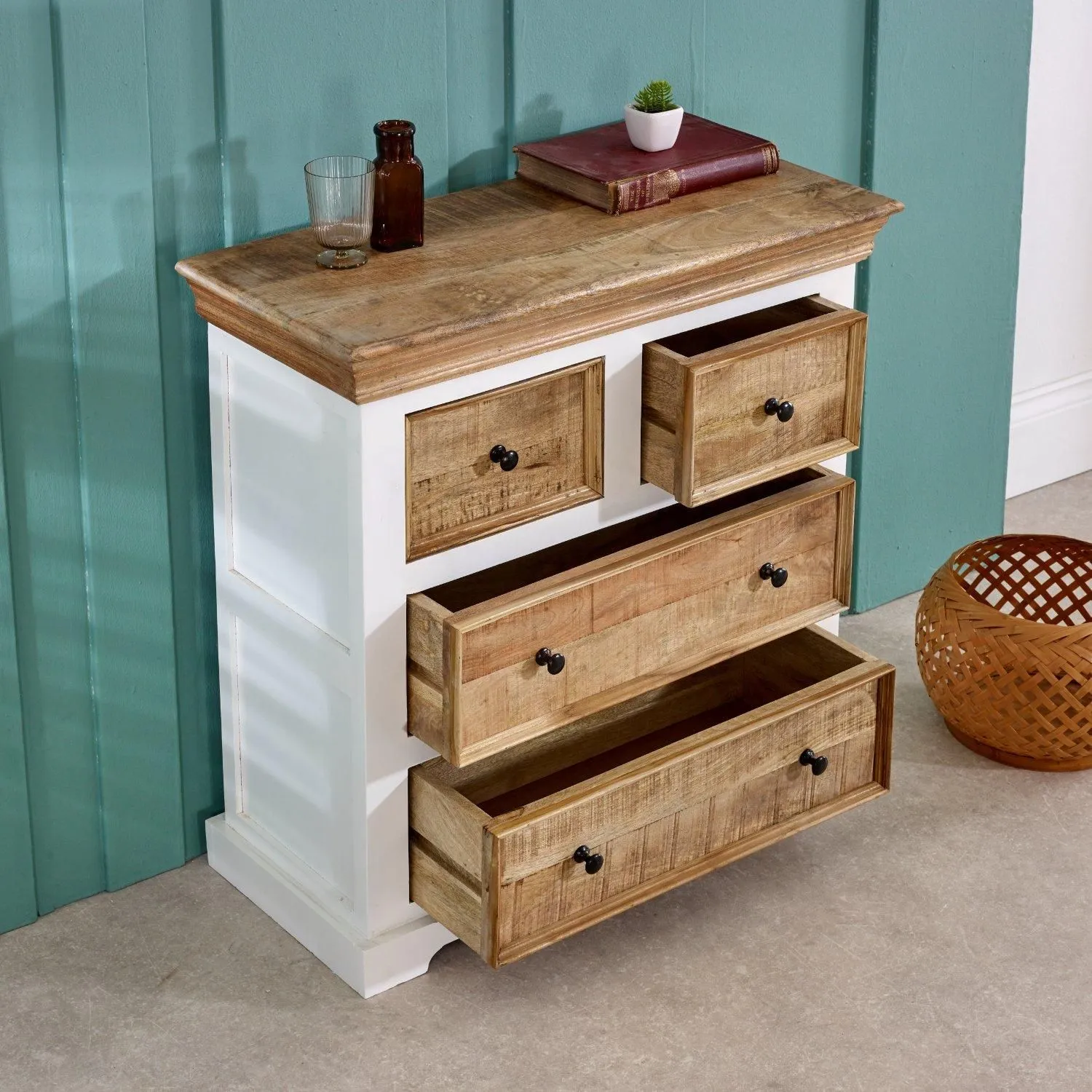 IH Design Curley Solid Mango Wood White Chest Of 4 Drawers 2