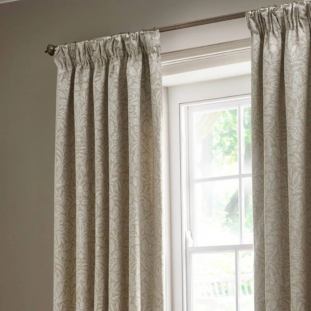 Morris & Co Acorn Tonal Fully Lined Matt Jacquard Pencil Pleat Curtains in Beige 3