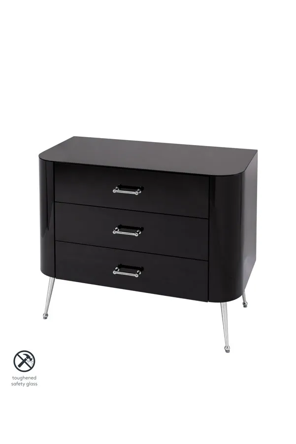 Mason Black Glass Chest of Drawers – Shiny Silver Legs