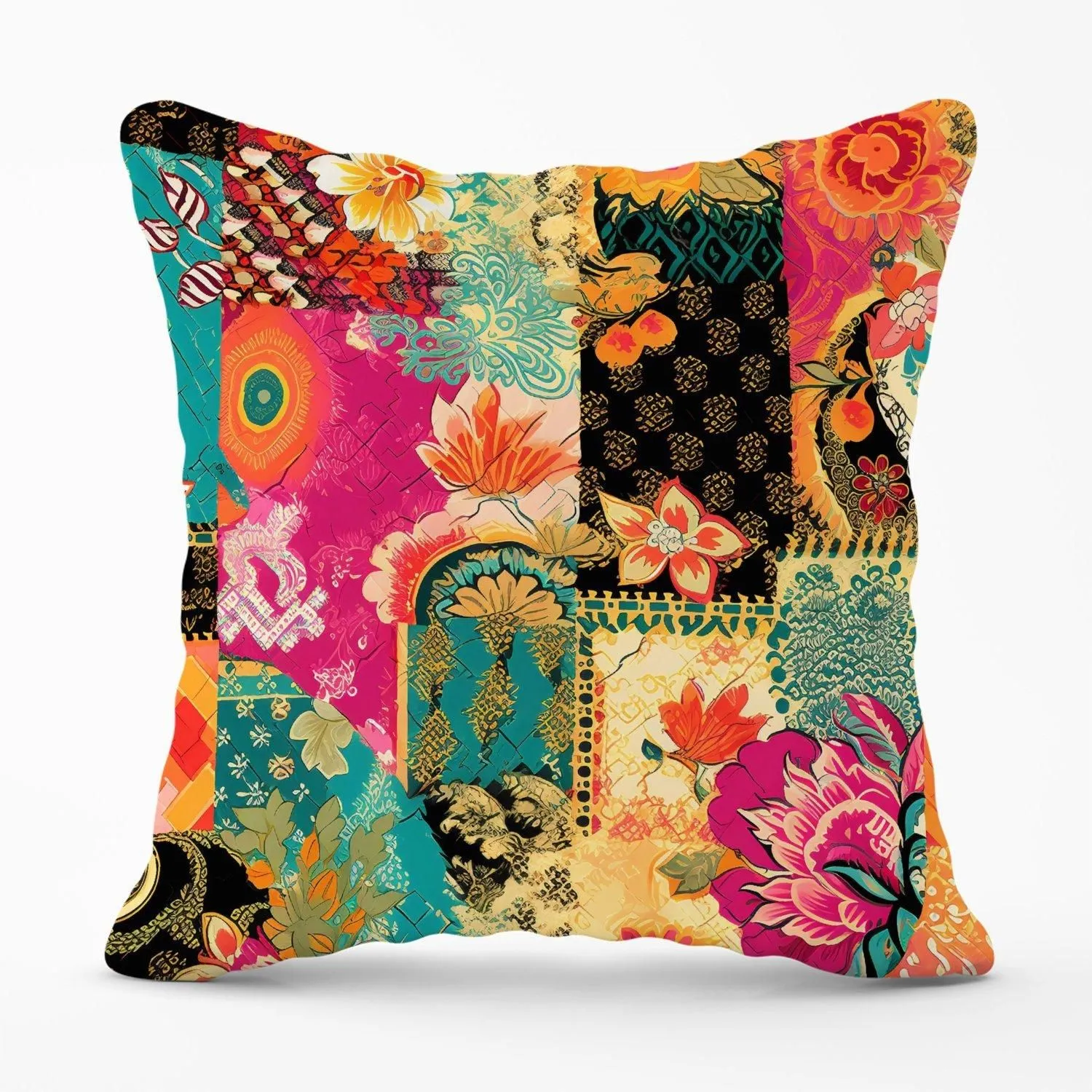 Warren Reed - Designer Patchwork Mixed Textiles Outdoor Cushion in Pink