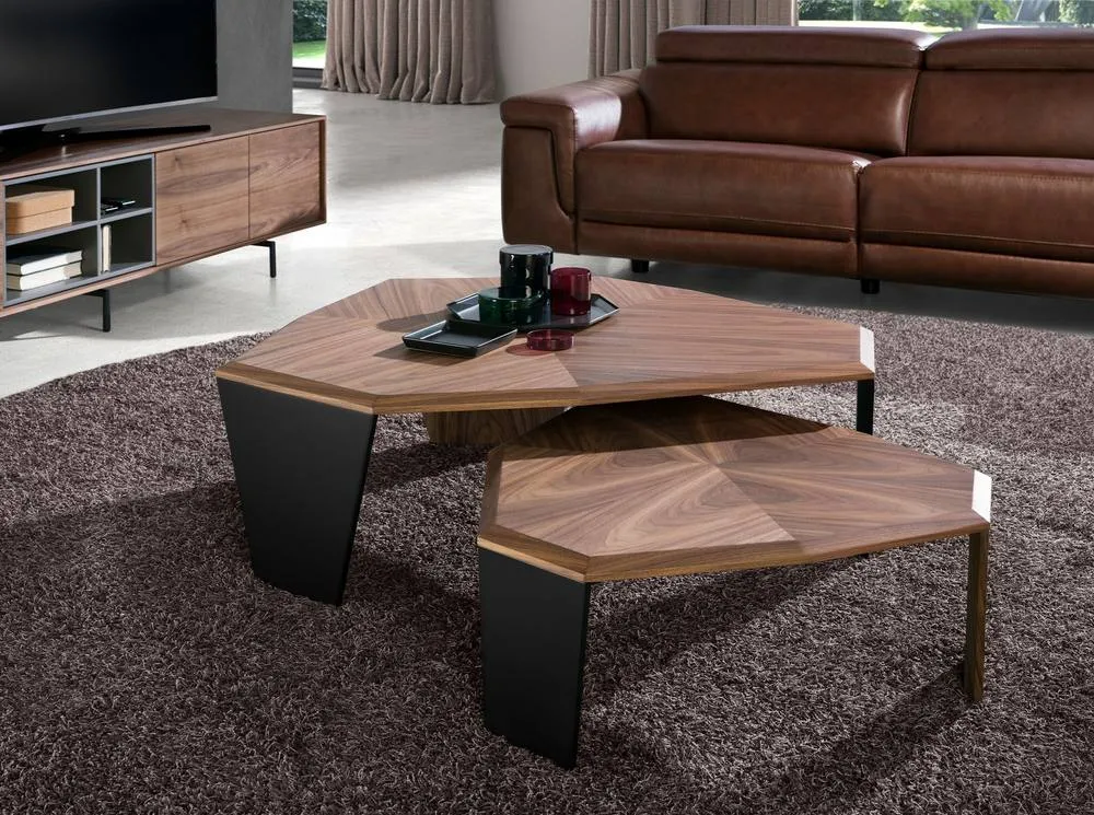 Angel Cerda Asymmetrical Coffee Table, Walnut Veneer, Black PVC Legs in Brown 3