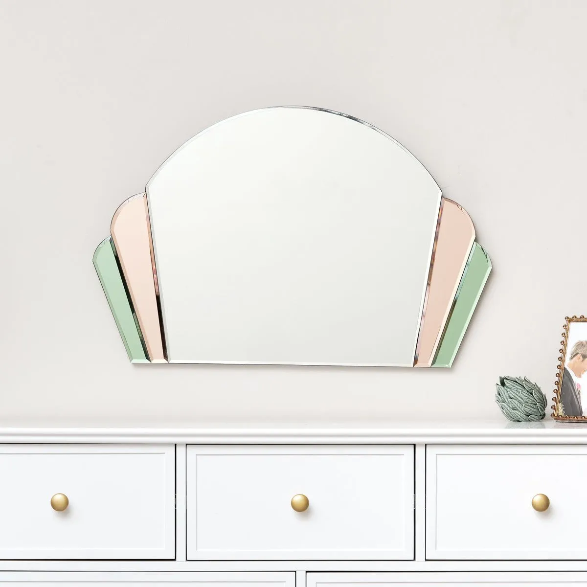 Melody Maison Pink & Green Glass Art Deco Arch Fan Wall Mirror 71cm X 46cm