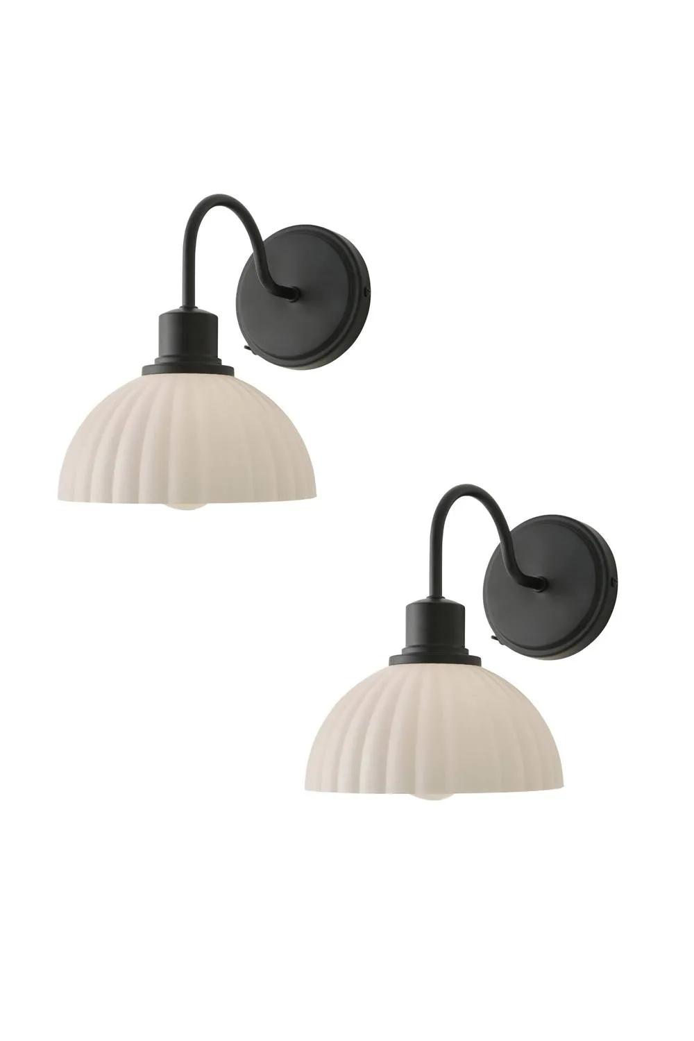 ValueLights Bourton Pair of Cream Ribbed Dome Wall Lights & Bulbs in Black 1