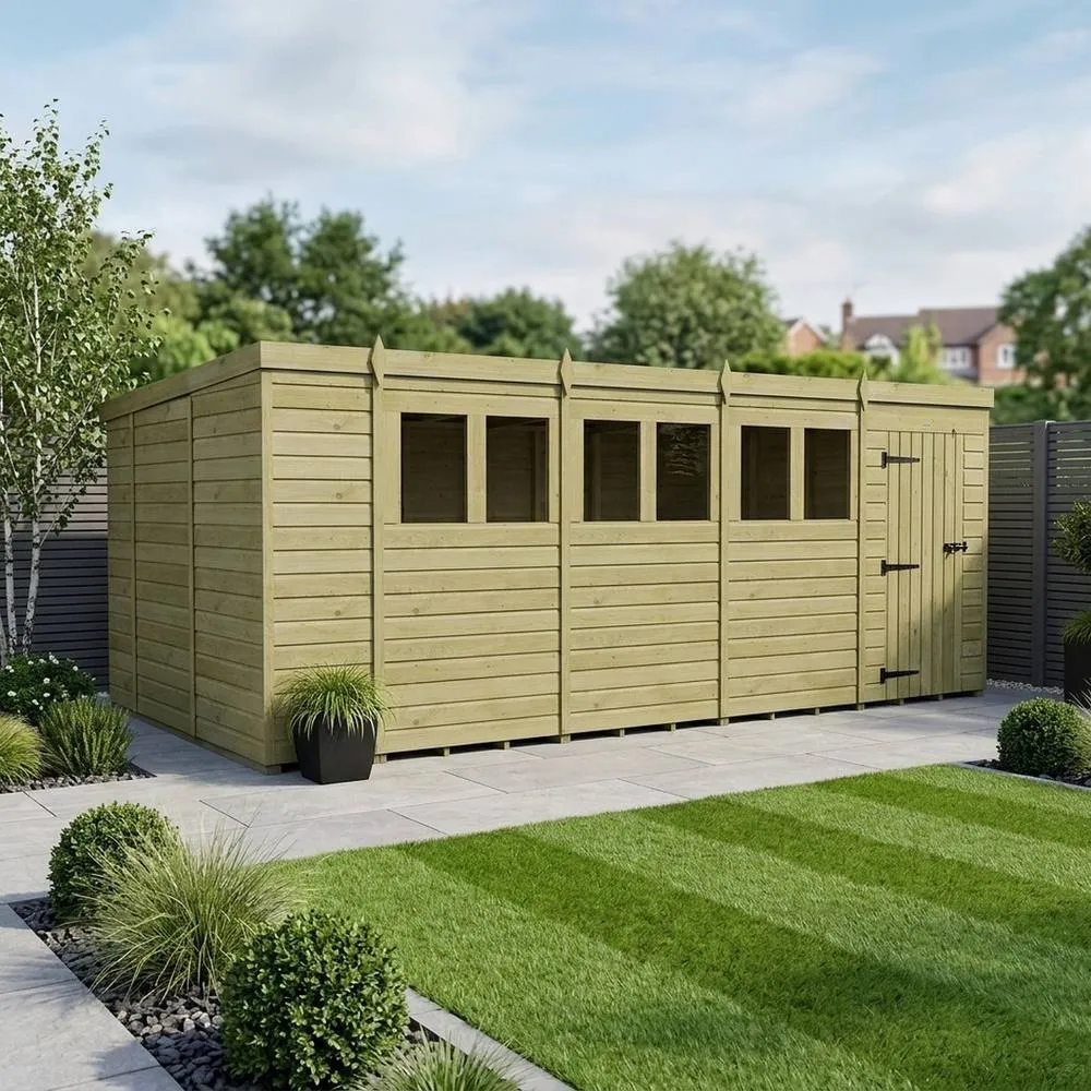 Buttercup Farm 18ft x 10ft Pent Garden Shed Single Door With Windows - Timber in Brown 2
