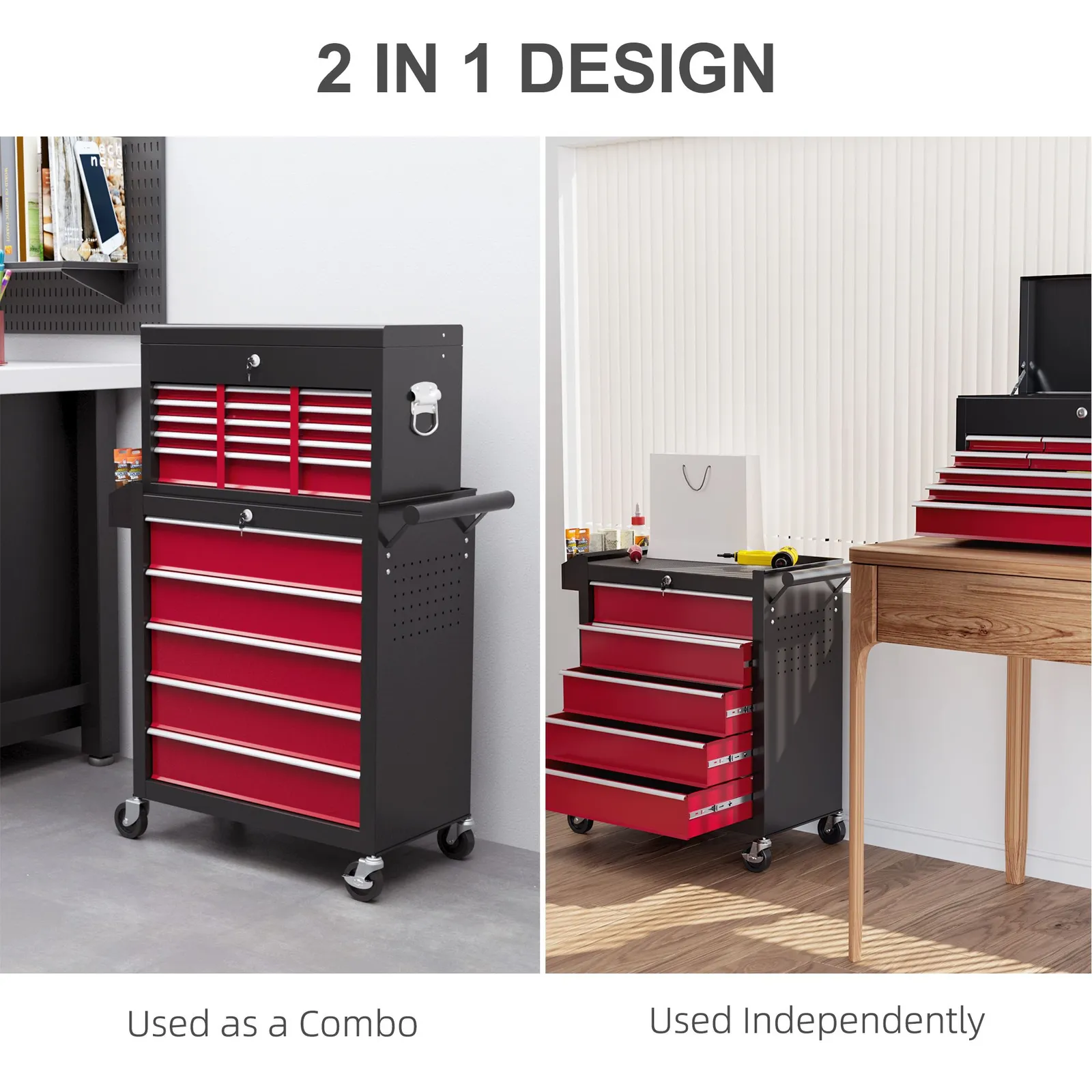 HOMCOM Rolling Tool Cabinet on Wheels with 14 Drawers, Pegboard & Side Rack, Lockable Top Tool Chest & Roller Cabinet Combo for Workshop & Hom in Red 5