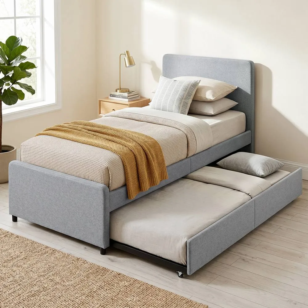 HOMCOM 90 x 190 cm Upholstered Single Bed, Pull Out Trundle Bed in Light Grey