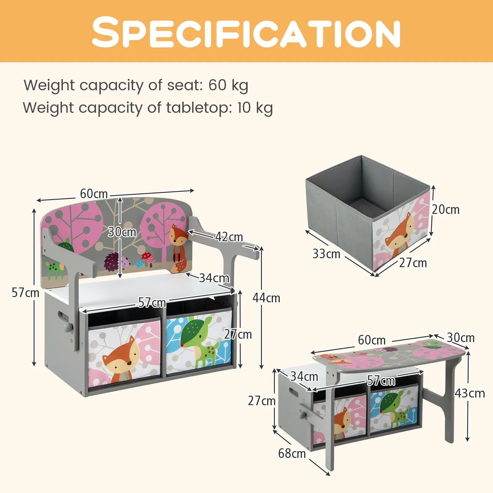 Costway 3-in-1 Convertible Activity Bench Table Chair Set Toy Storage in Grey 5