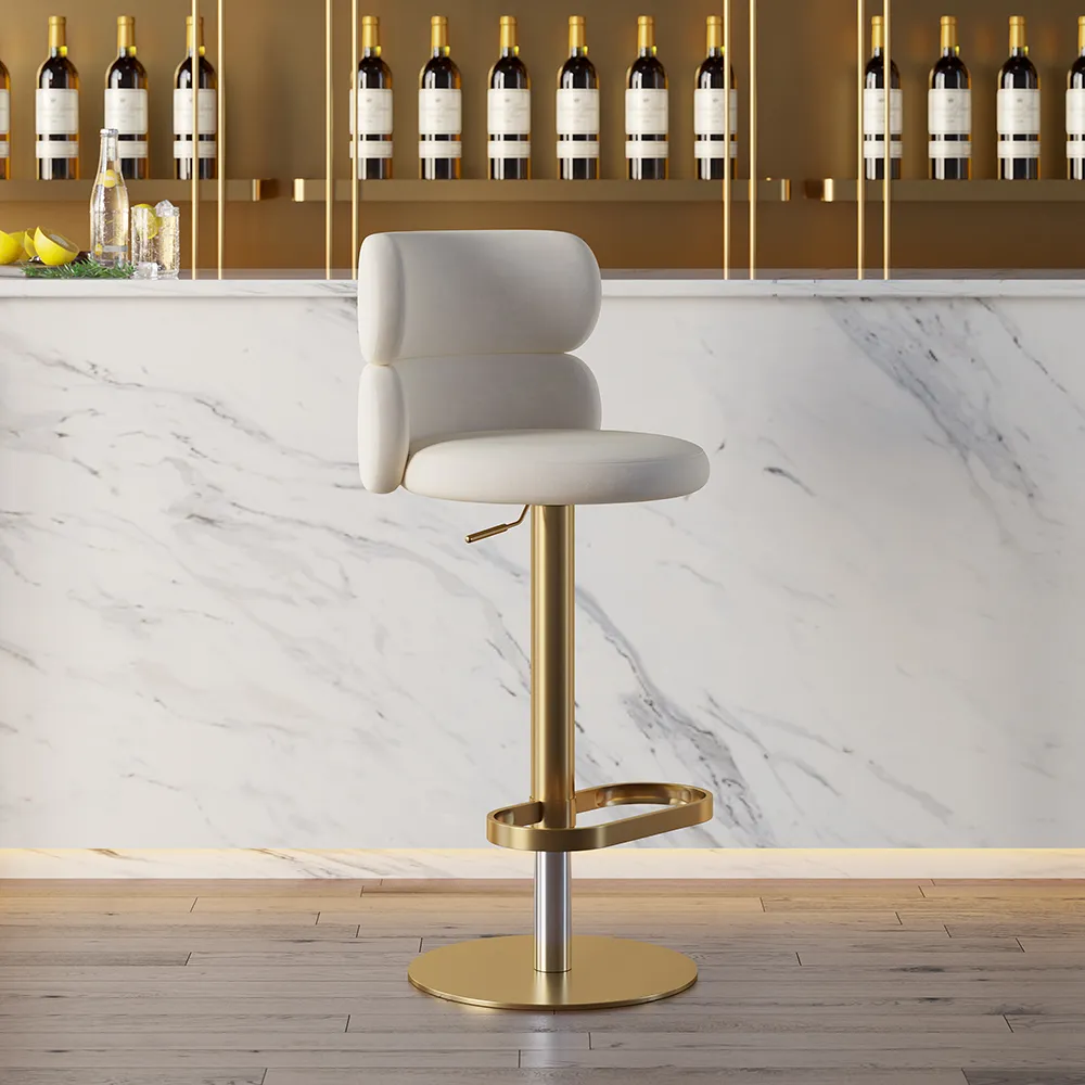 Bar Stool Velvet Upholstery Swivel Beige with Backrest Adjustable Height in Gold Finish Counter Stool Set of 8