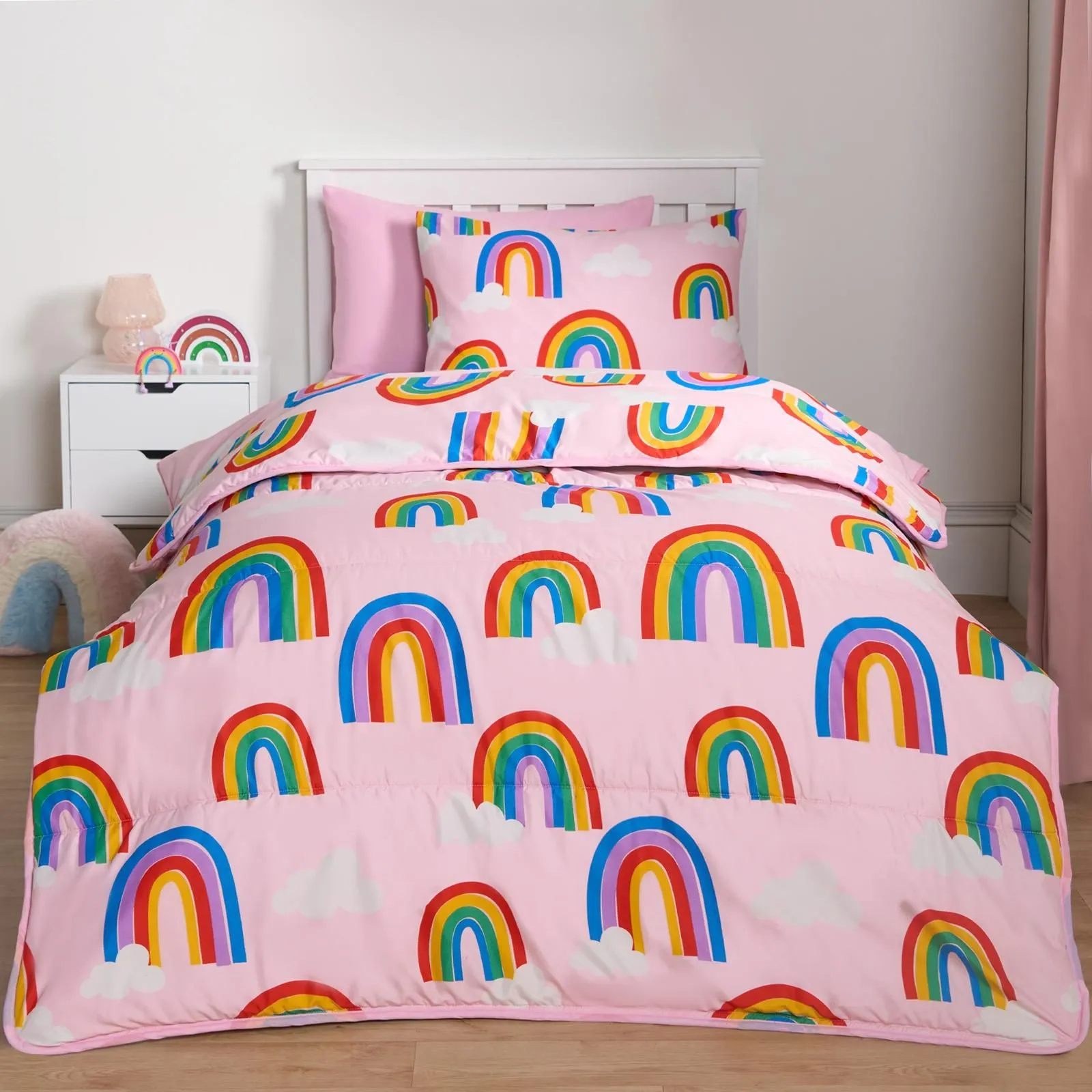 OHS Coverless Duvet Pillowcase Rainbow 10.5 Tog Bedding Set Travel Soft Quilt in Pink