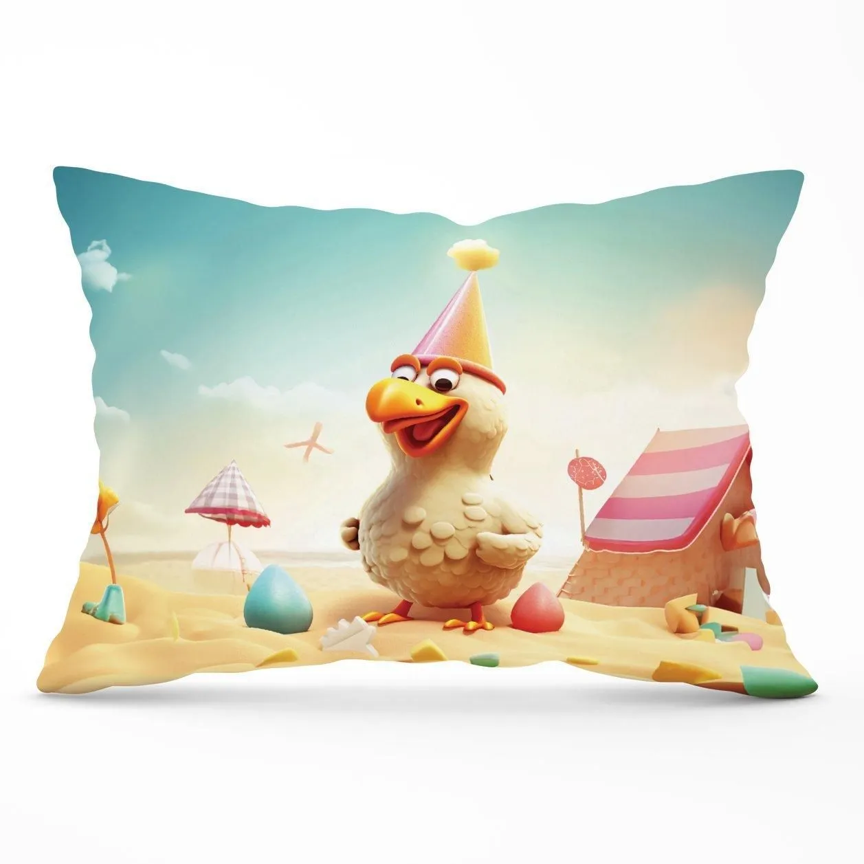 Warren Reed - Designer Funky Chicken On A Beach Holiday Cushions in Yellow