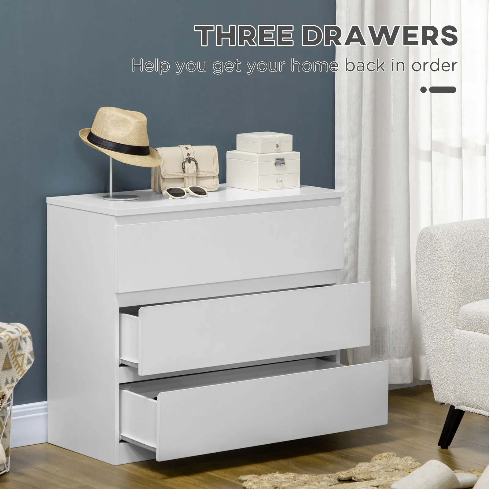 HOMCOM Chest of Drawers, 3 Drawer Storage Cabinet Unit for Bedroom in White 5
