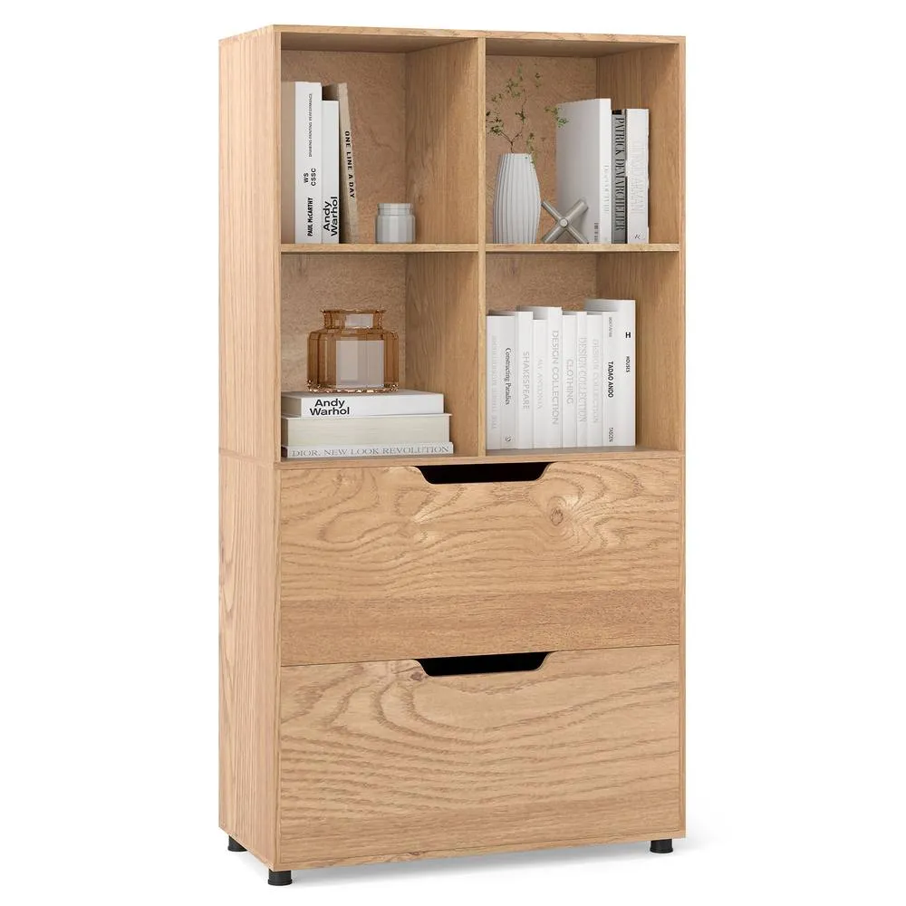 Costway 5-Tier Bookcase w/2 Drawers & 4-Cubes Tall Bookshelf Display Rack in Natural 2