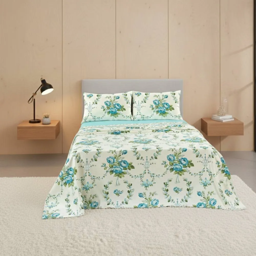 Snug City Soft Floral Brushed Cotton Fitted Flat Sheet & Matching Pillowcases in Blue