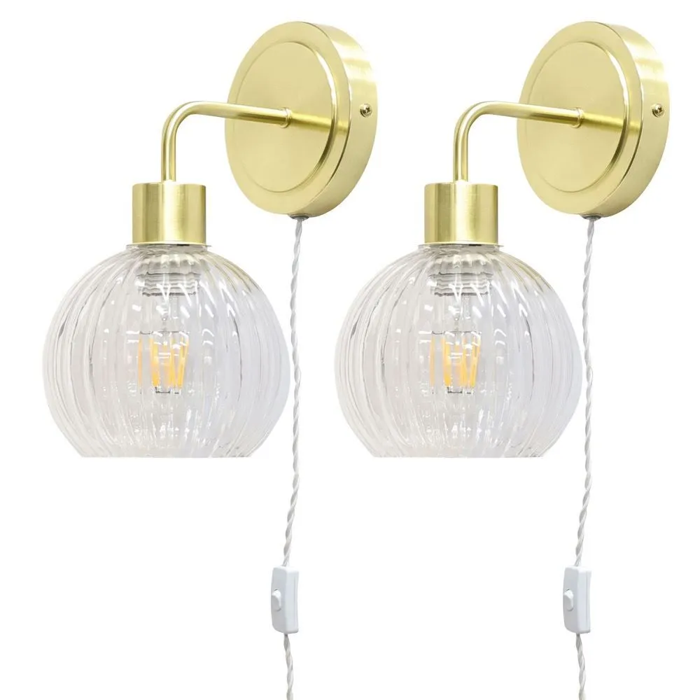 First Choice Lighting Set of 2 Toby - Satin Brass Plug in Wall Lights Clear Ribbed Shades in Gold