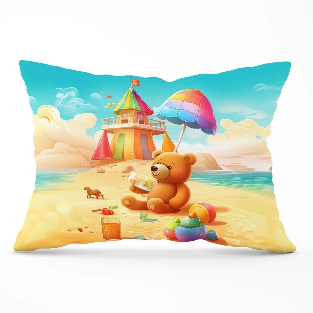 Warren Reed - Designer Bear On A Beach Holiday Cushions in Yellow