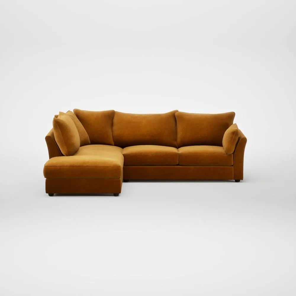 Heal's Tailor Left Hand Facing Corner Sofa Smart Luxe Velvet Cognac Walnut Stained Feet 1