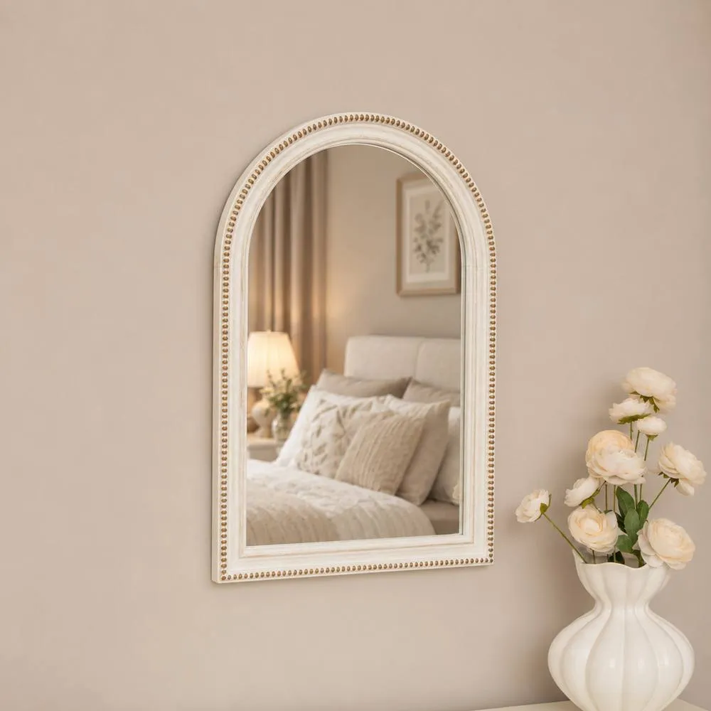 Melody Maison White Washed Distressed Wooden Beaded Frame Wall Mirror - 40cm X 60cm in Cream 6