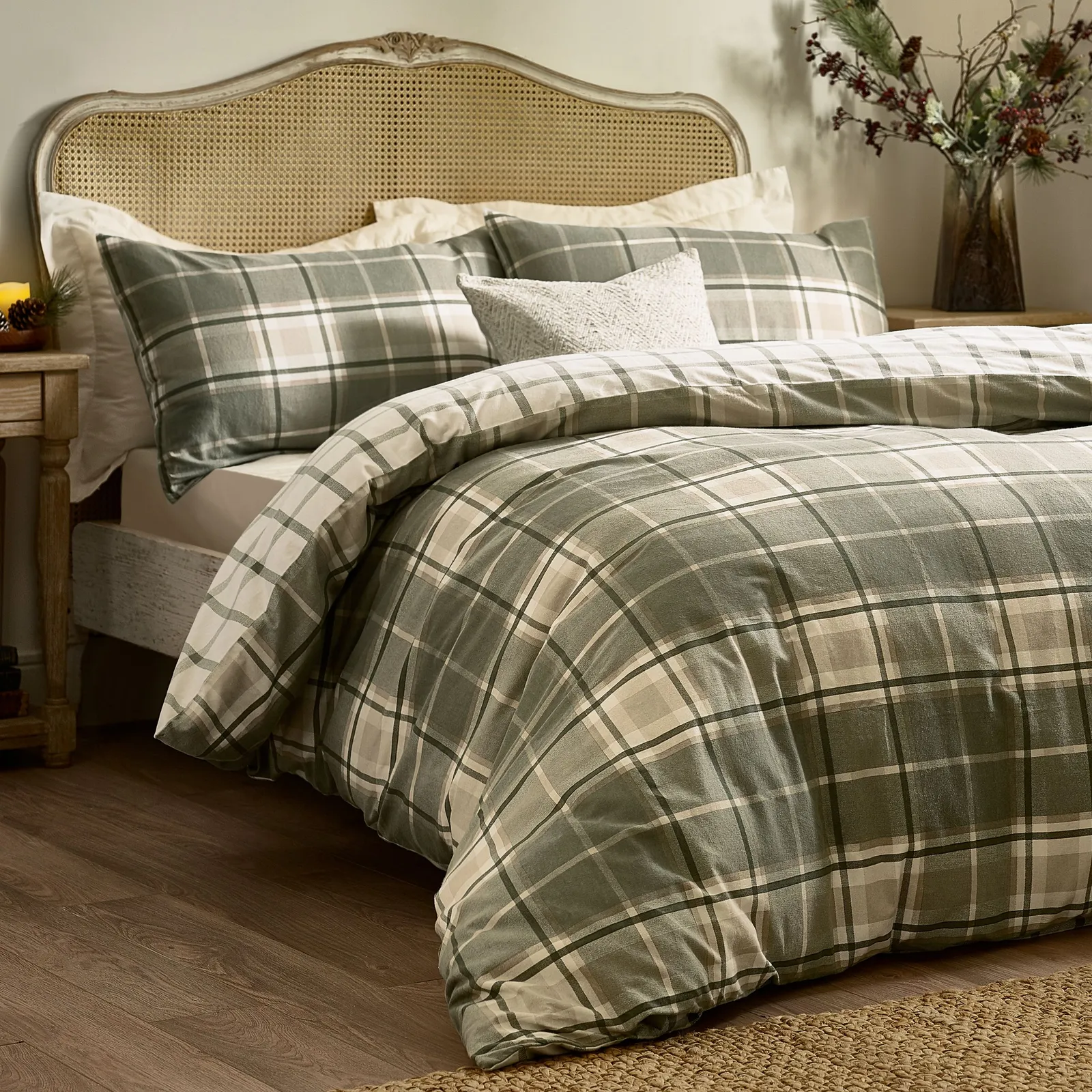 Wylder Braemar Check 100% Brushed Cotton Duvet Cover Set in Pale Green 3