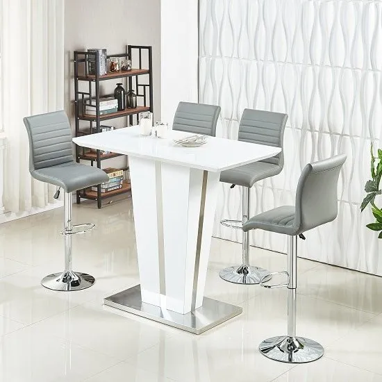 Memphis Glass Bar Table High Gloss White 4 Ripple Grey Stools