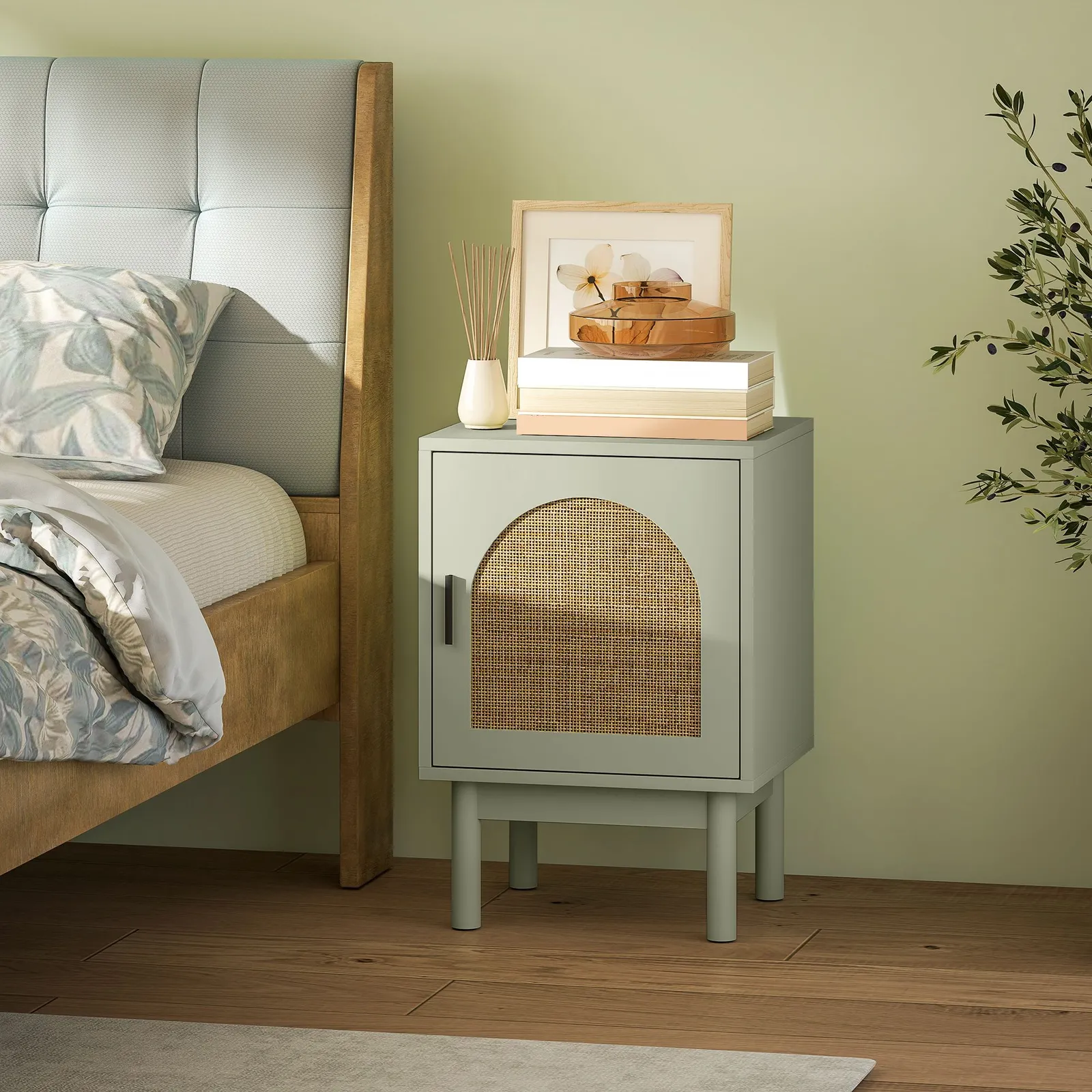 HOMCOM Boho Bedside Table with Rattan Door & Adjustable Shelf in Light Green