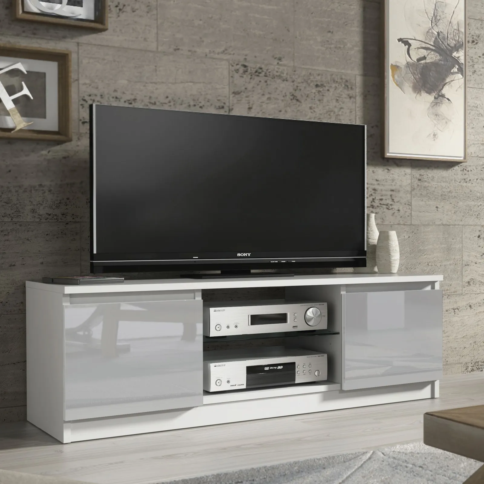 Creative Furniture TV Unit 120cm Modern - White with High Gloss Grey Doors