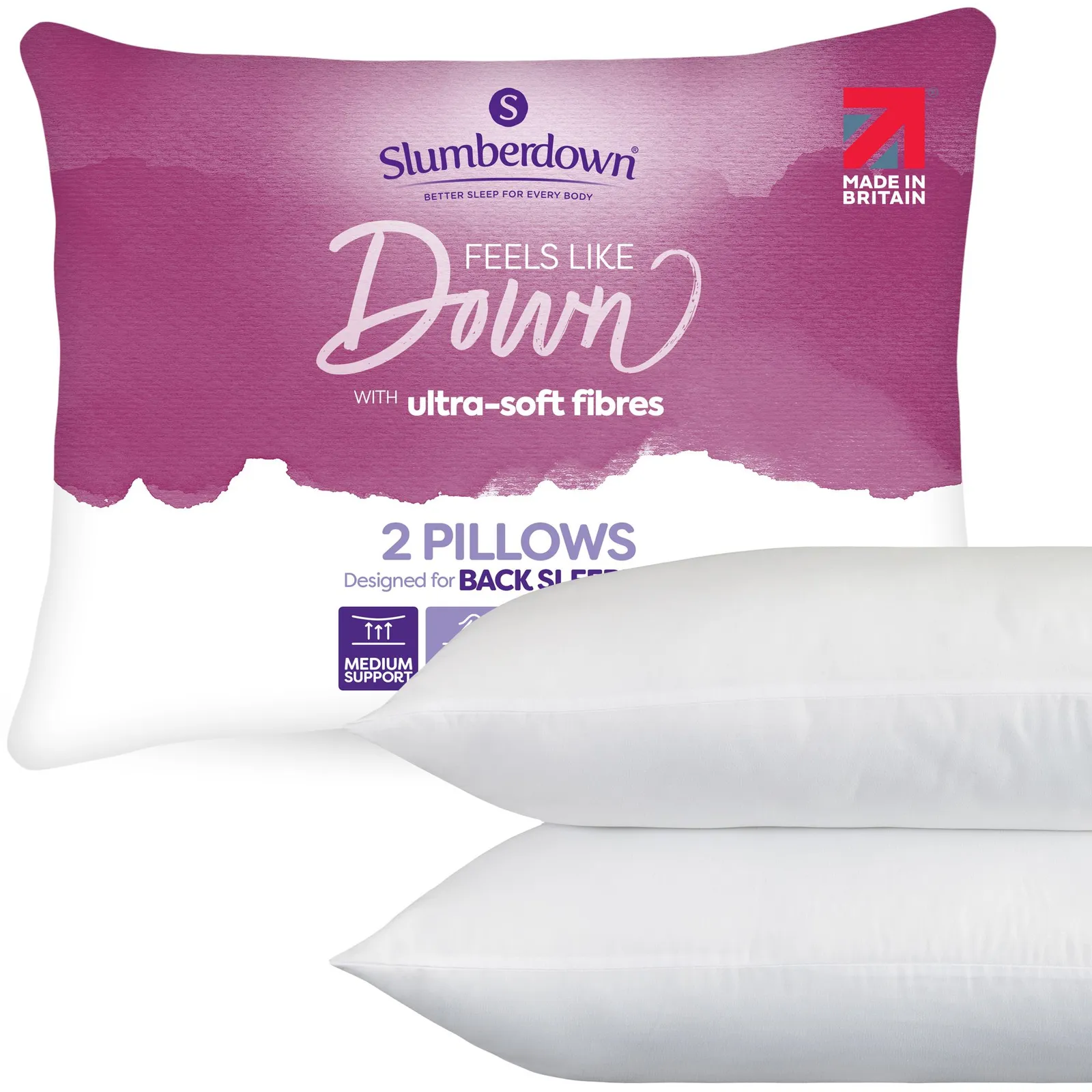 Slumberdown 2 Pack Feels Like Down Medium Support Pillows in White