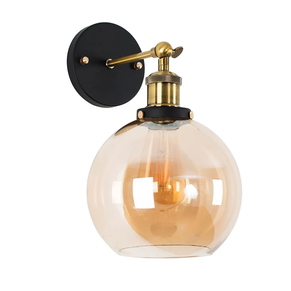 ValueLights Sheridan Pair of Industrial Clear Glass Bowl Gold Trim Black Wall Lights & LED Bulbs in Orange 3