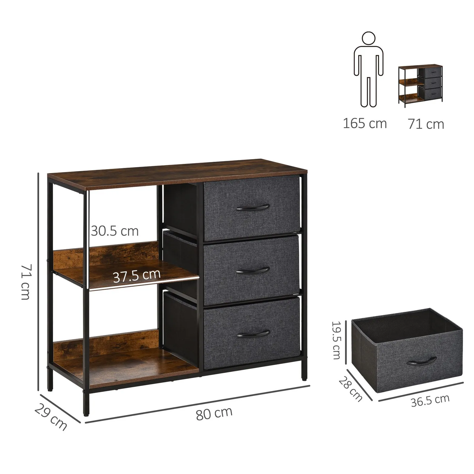 HOMCOM Cabinet Organizer 3 Drawer Chest Dresser Tower w/ 2 Shelves for Bedroom in Black 3