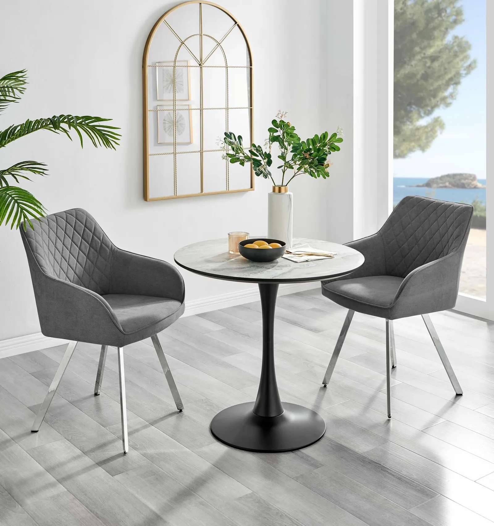 FurnitureboxUK Elina White Marble Effect Scratch Resistant Dining Table & 2 Falun Silver Leg Fabric Chairs in Dark Grey 1