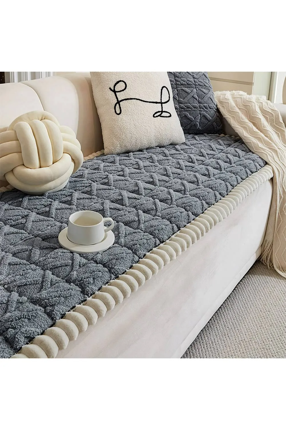 Living and Home Soft & Non-slip Plush Sofa Cover in Grey