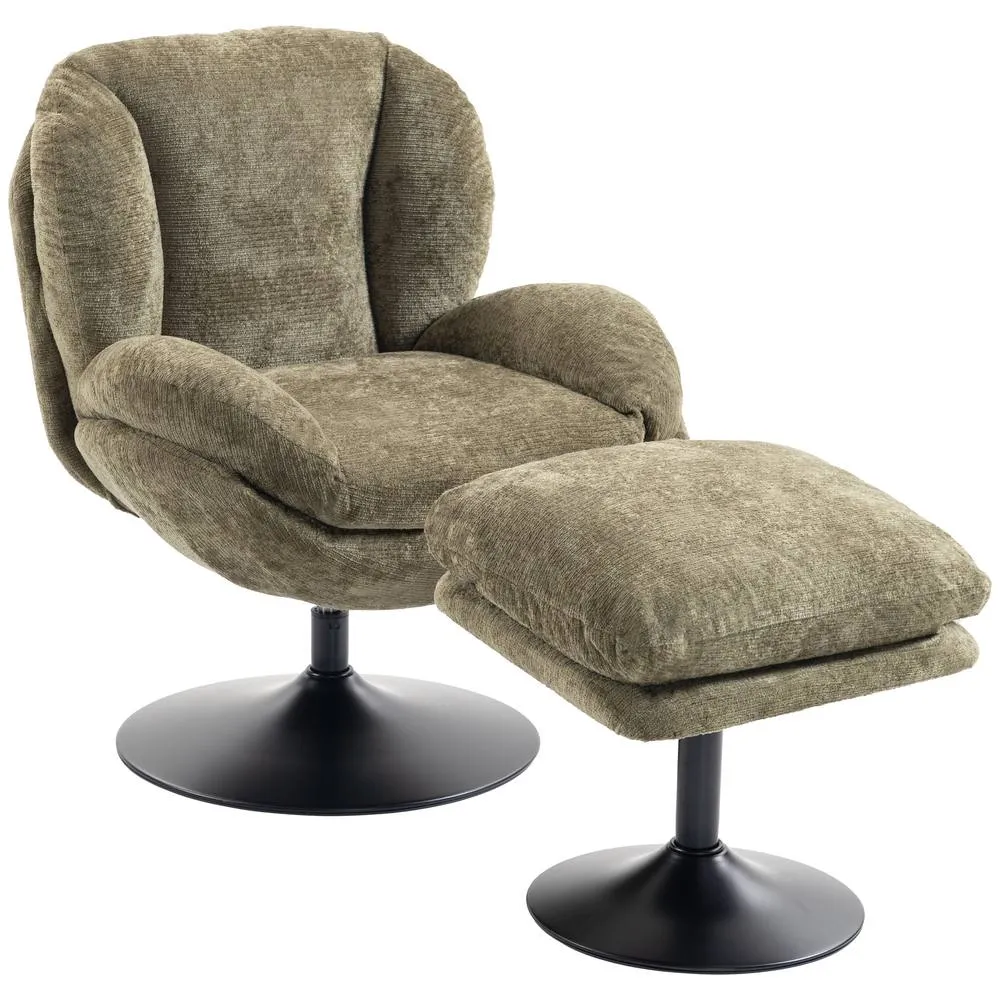 HOMCOM Chenille Lazy Chair with Ottoman, 360° Swivel, Dark Green