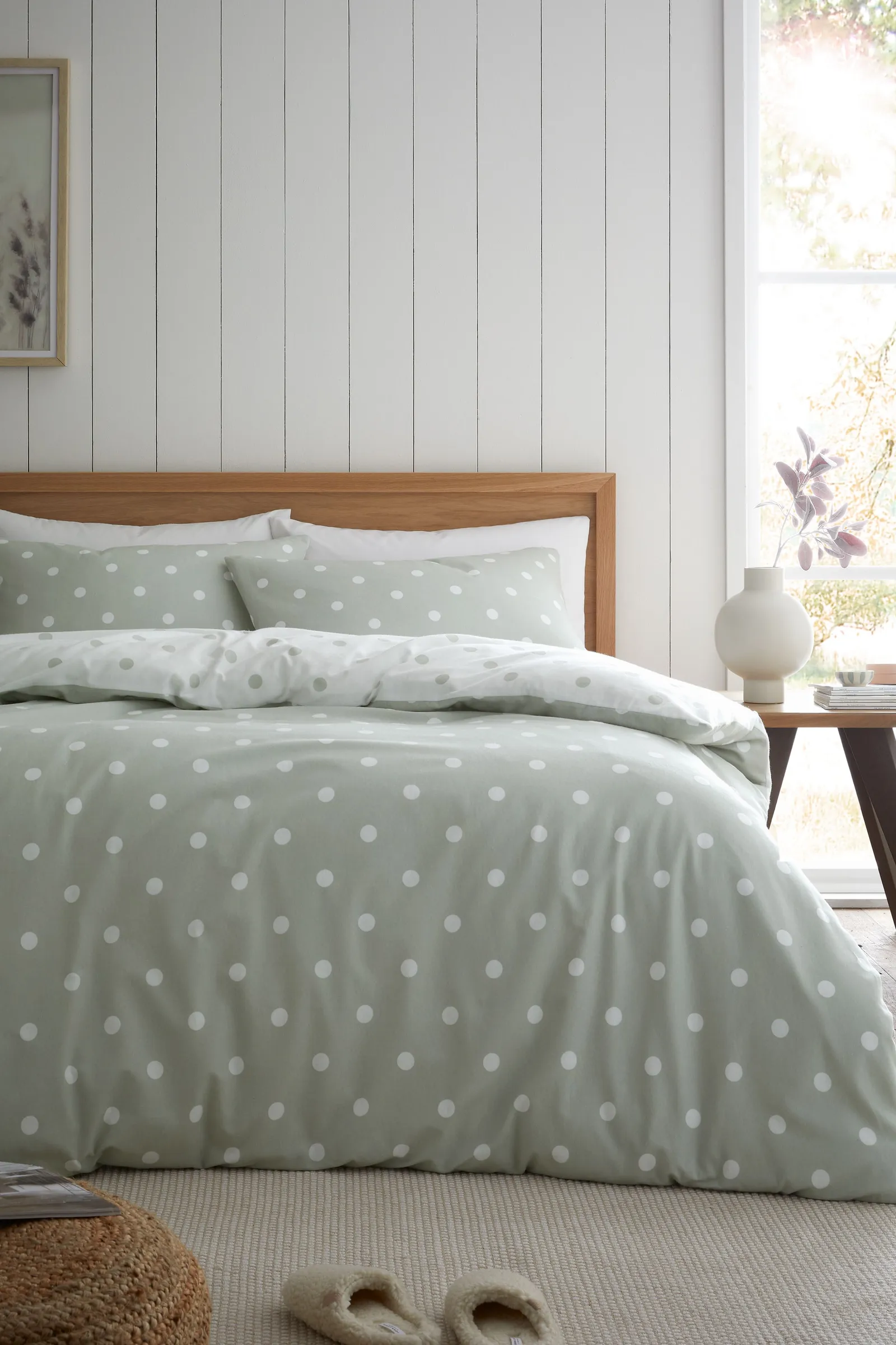 Catherine Lansfield 'Brushed Polka Dot' Cotton Reversible Duvet Cover Set in Green