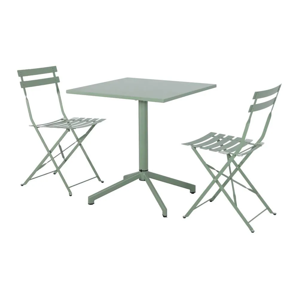 sweeek Square folding metal garden table + 2 seats in Light Green 2