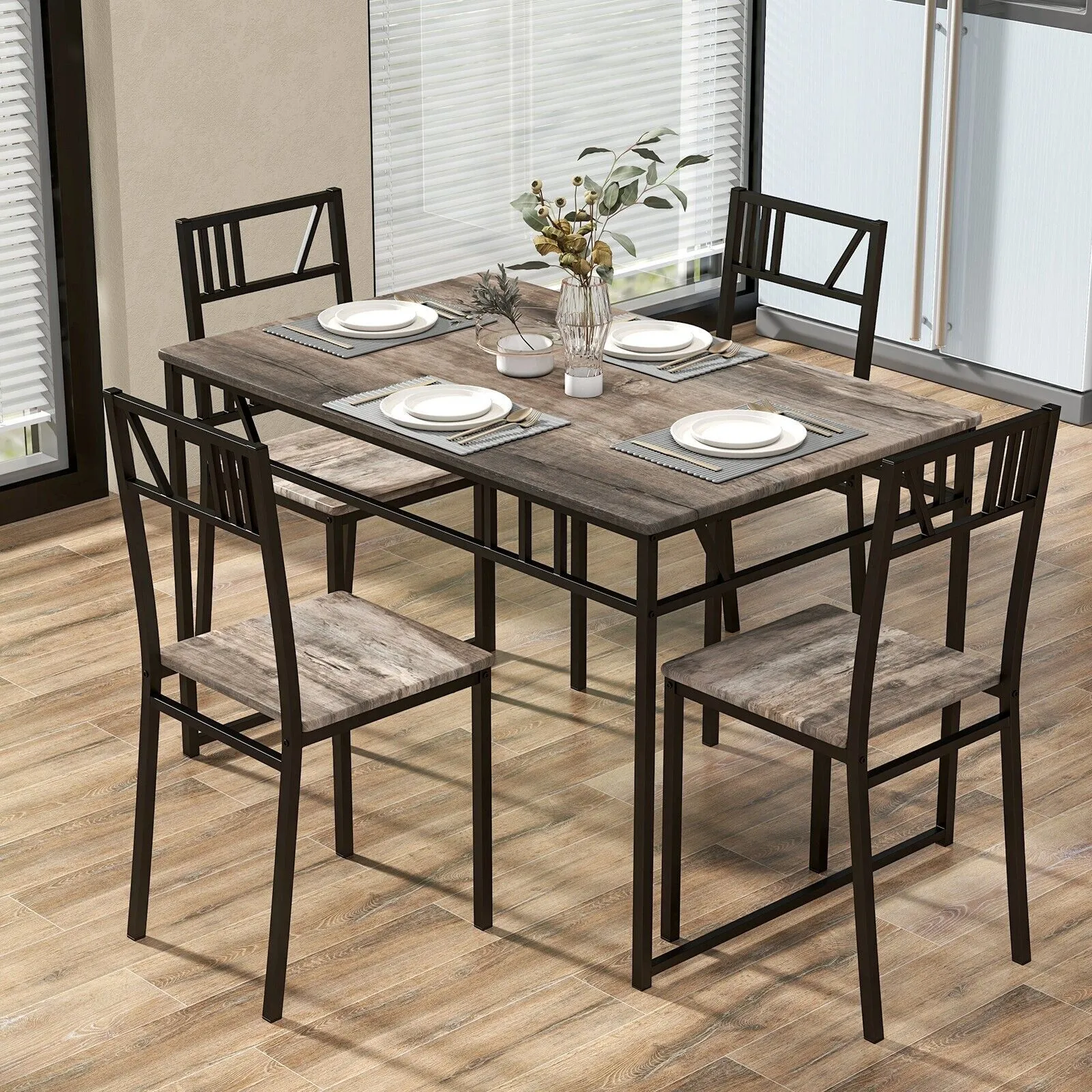 Costway Industrial 5 Piece Dining Table Set Kitchen Table & 4 Chairs Rectangular Table in Grey 4