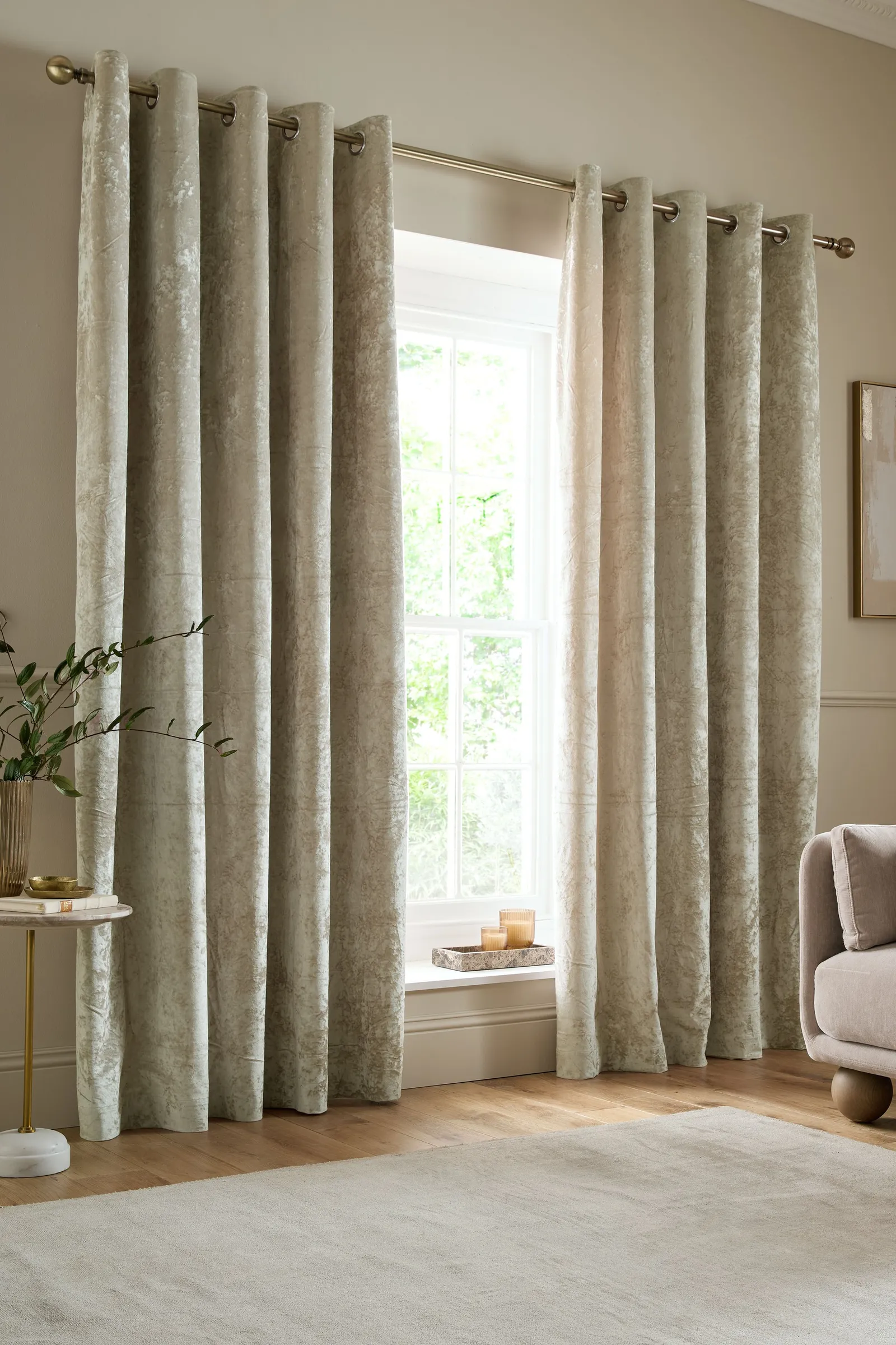 Catherine Lansfield 'Crushed Velvet' Lined Eyelet Curtains in Natural 1