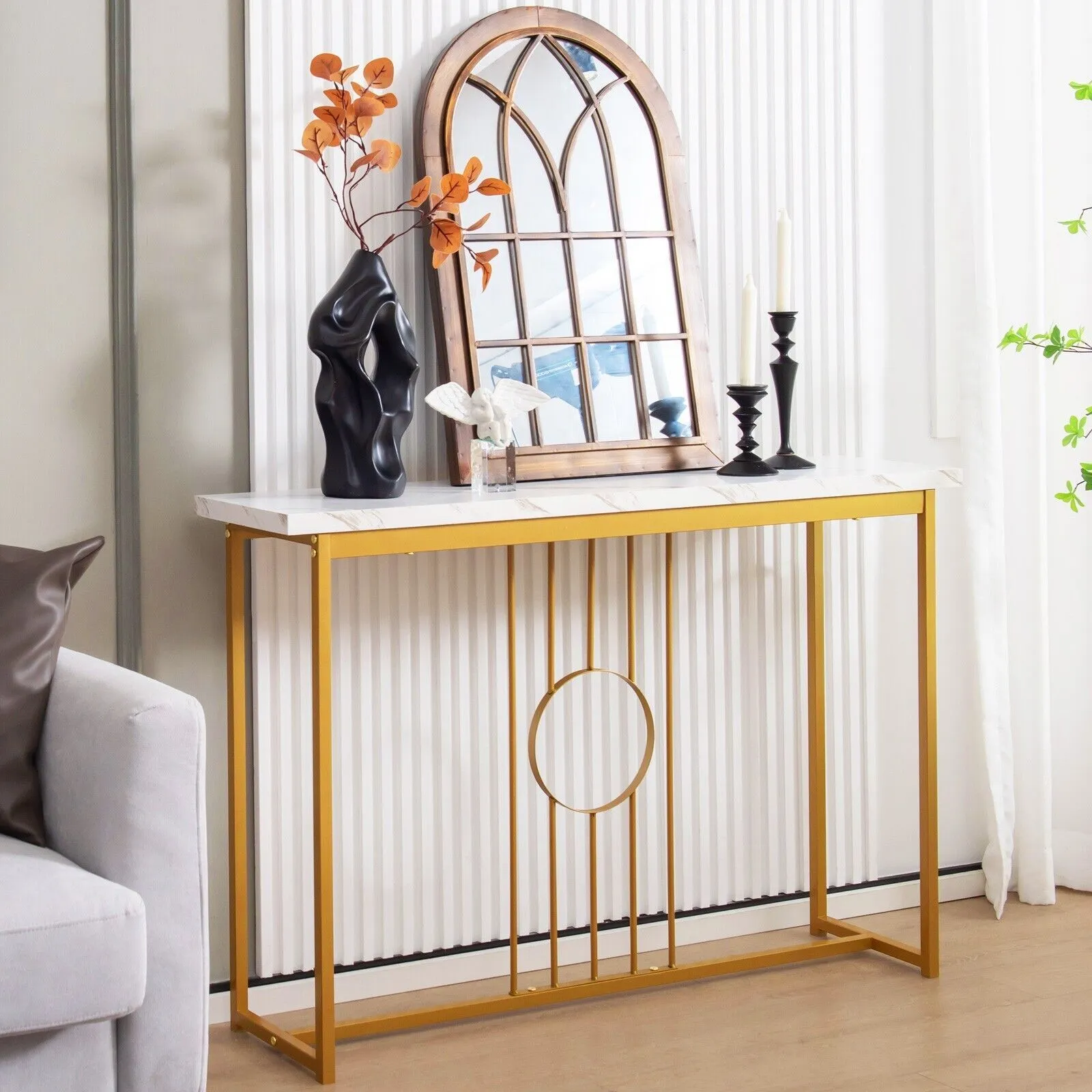 Costway 120cm Narrow Console Table Faux Marble Sofa Side End Table W/ Metal Frame in Gold 4