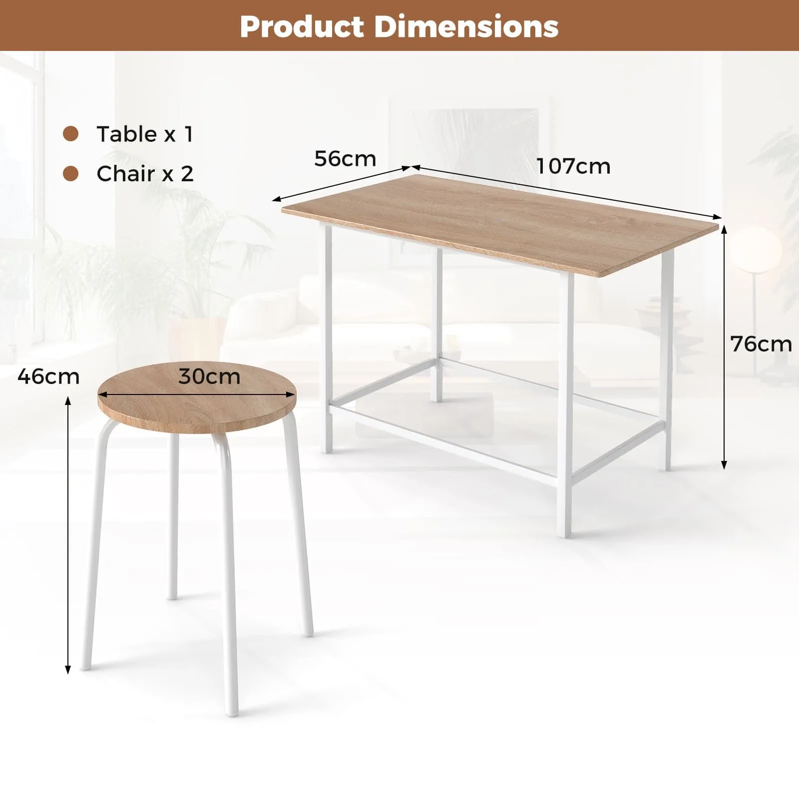 Costway 3-Piece Wooden Dining Set Kitchen Table & 2 Chairs in White 2