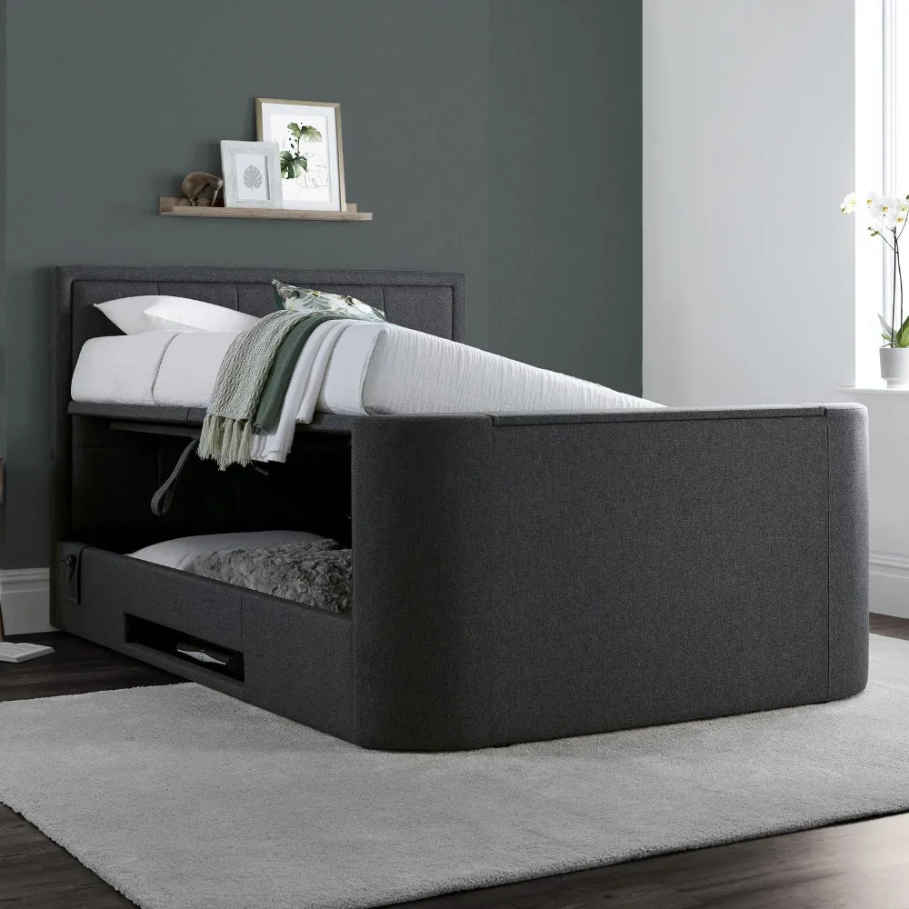 Eston Grey Fabric Ottoman Electric Media TV Bed Frame - 6ft Super King Size