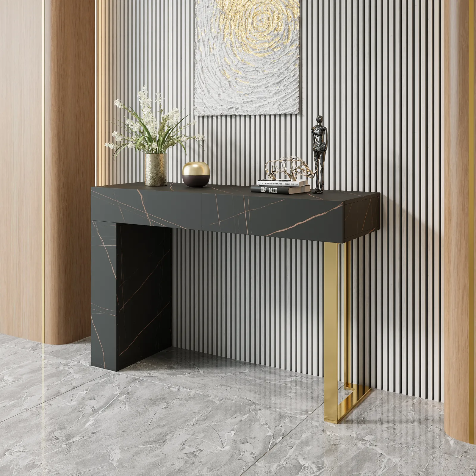 1200mm Black Console Table Modern Accent Table For Entryway with 2 Drawers & Stainless Steeel Base in Gold