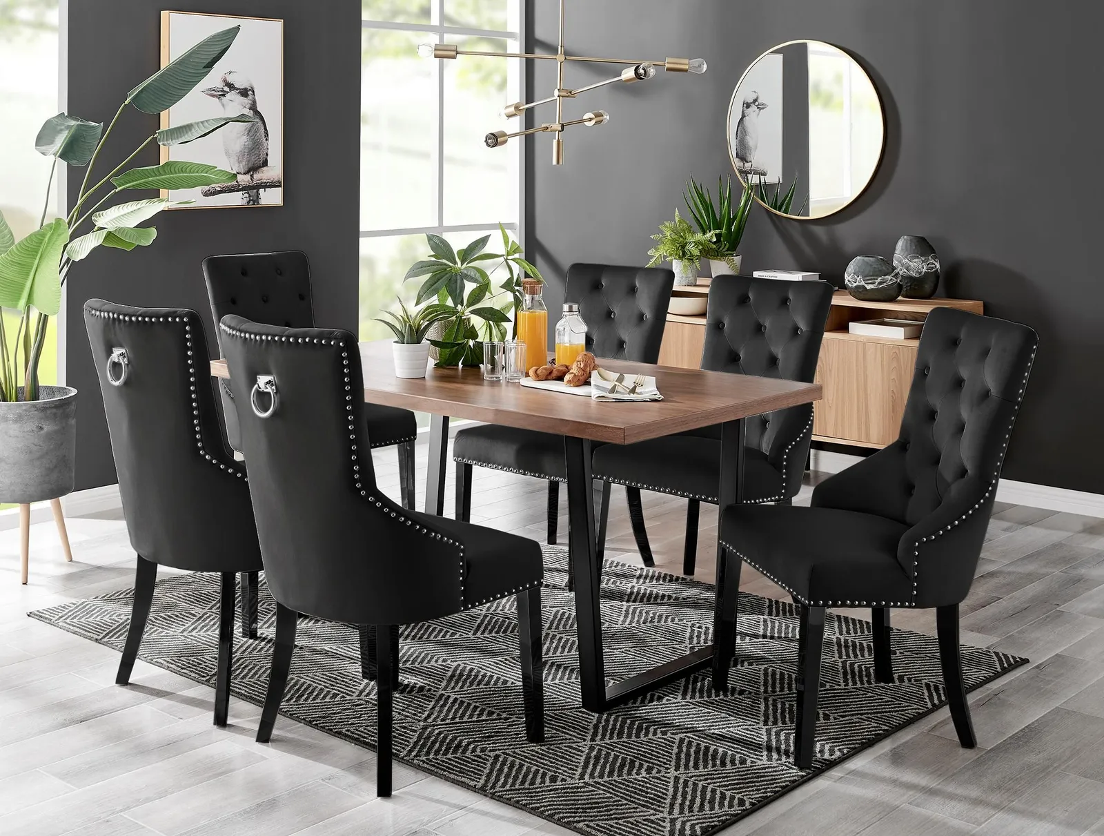 FurnitureboxUK Kylo Large Brown Wood Effect Dining Table & 6 Belgravia Black Leg Velvet Chairs 1
