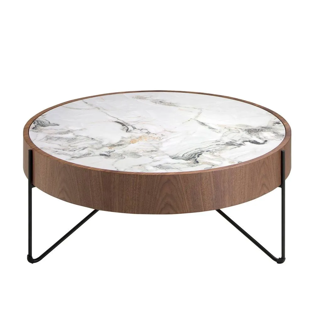 Angel Cerda Round Coffee Table Porcelain Marble Top & Walnut in Warm White