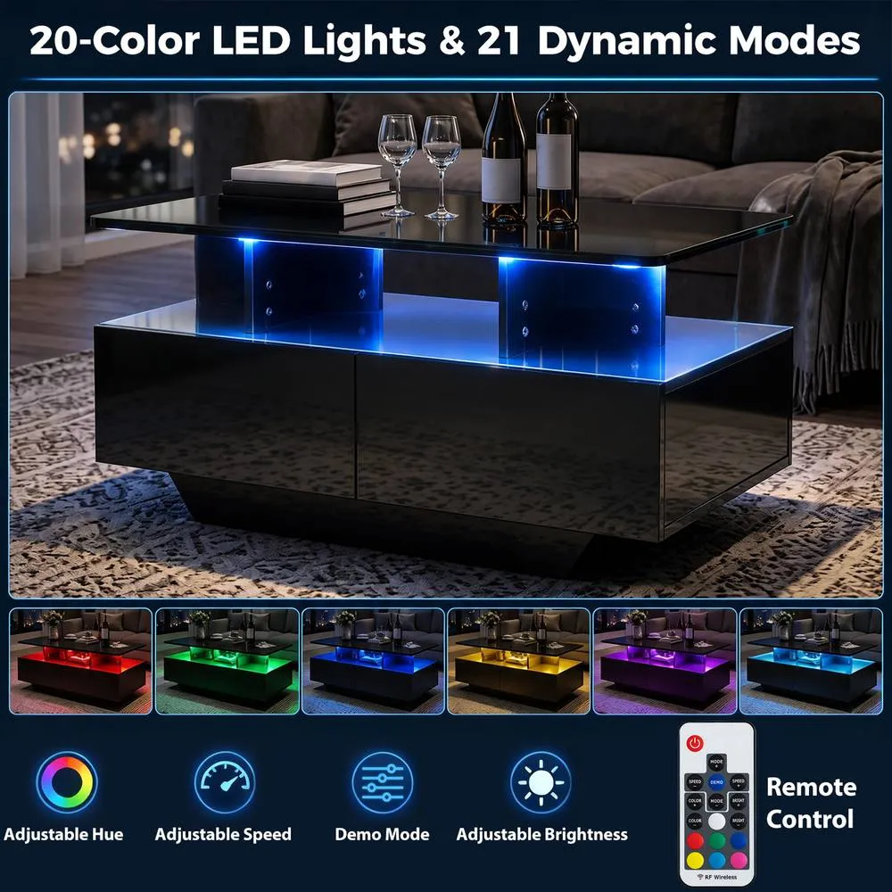 Costway Coffee Table 20-Colour Lighted High Glossy Center Table With 2 Drawers in Black 6