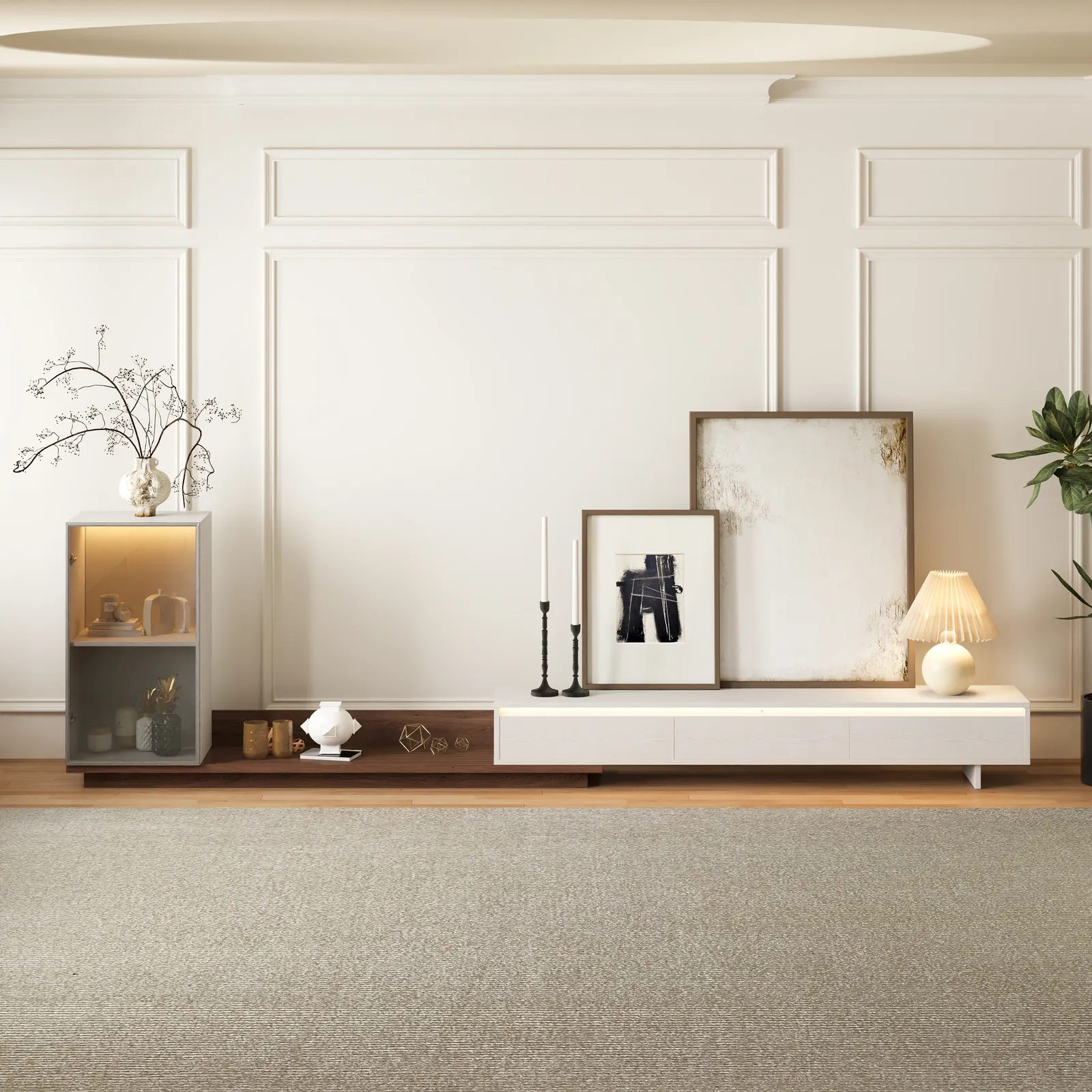 Fero White & Walnut Extendable TV Stand with Bookshelves & Light(250 - 390 cm)