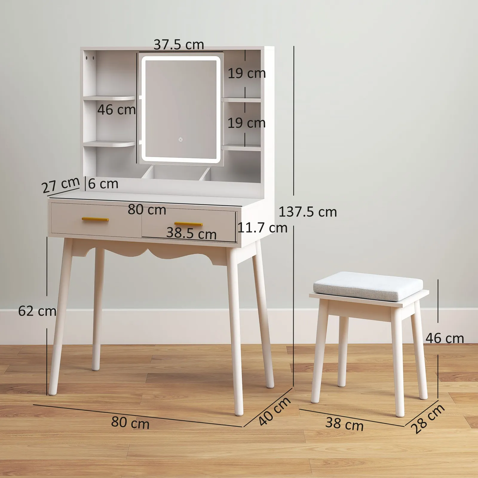 HOMCOM Dressing Table with LED Lighted Mirror & Cushioned Stool White 3
