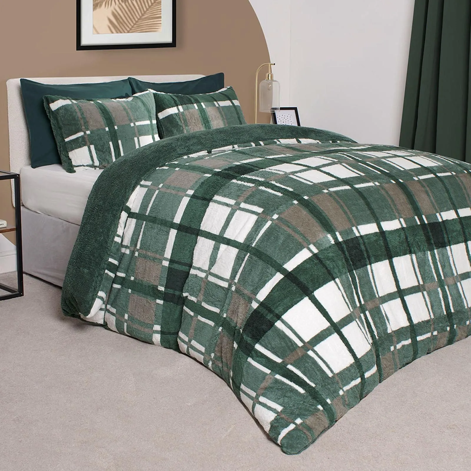 OHS Teddy Fleece Duvet Cover Set Pillowcase Bedding Check in Dark Green