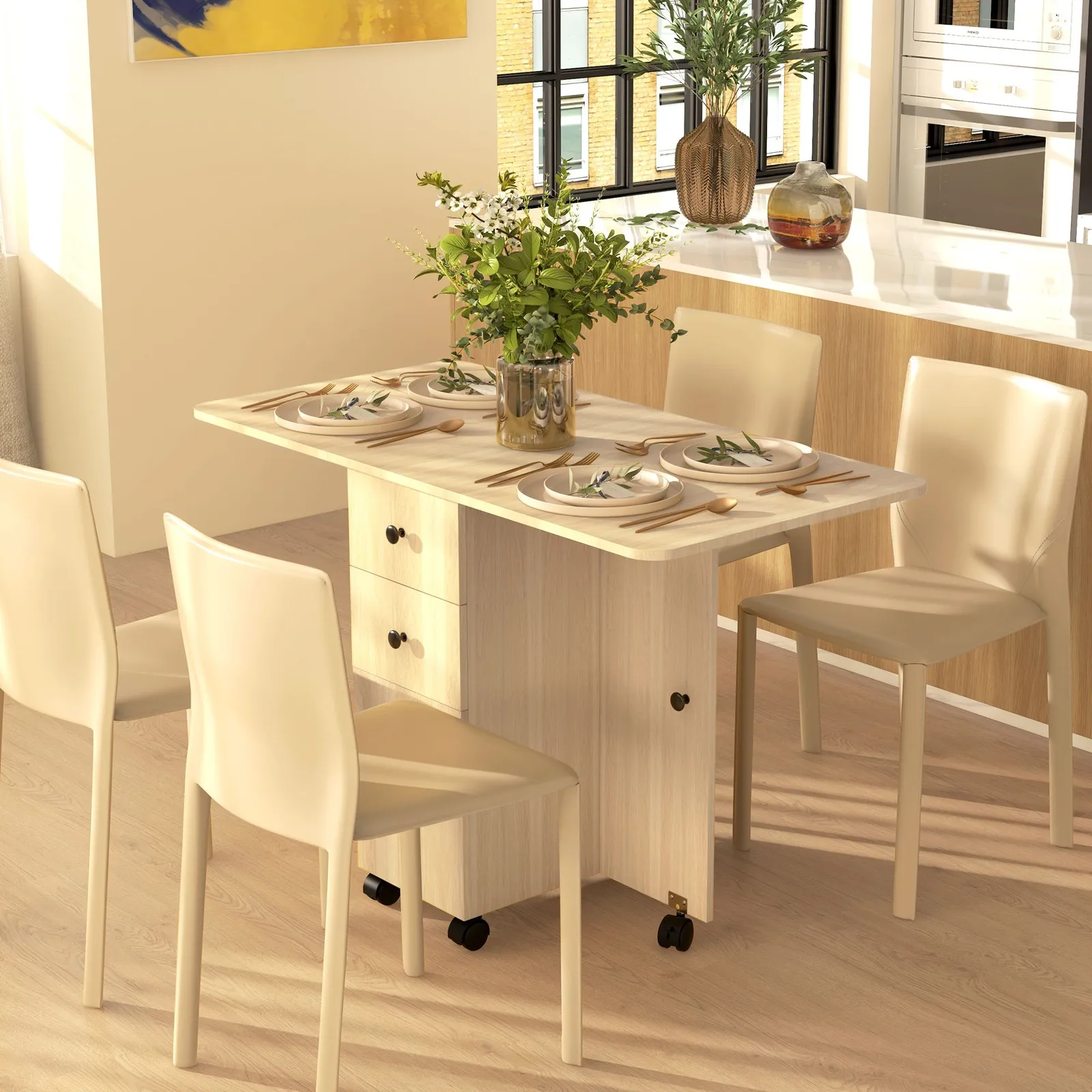HOMCOM Folding Dining Table for 4-6 Drop Leaf Table on Wheels Natural Wood