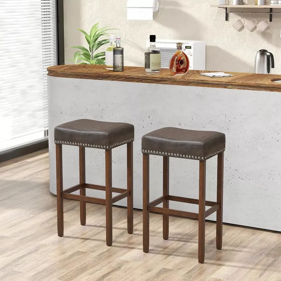 Costway Set of 2 Bar Stools Upholstered Counter Height Saddle Stools PU Leather 74cm in Brown 4