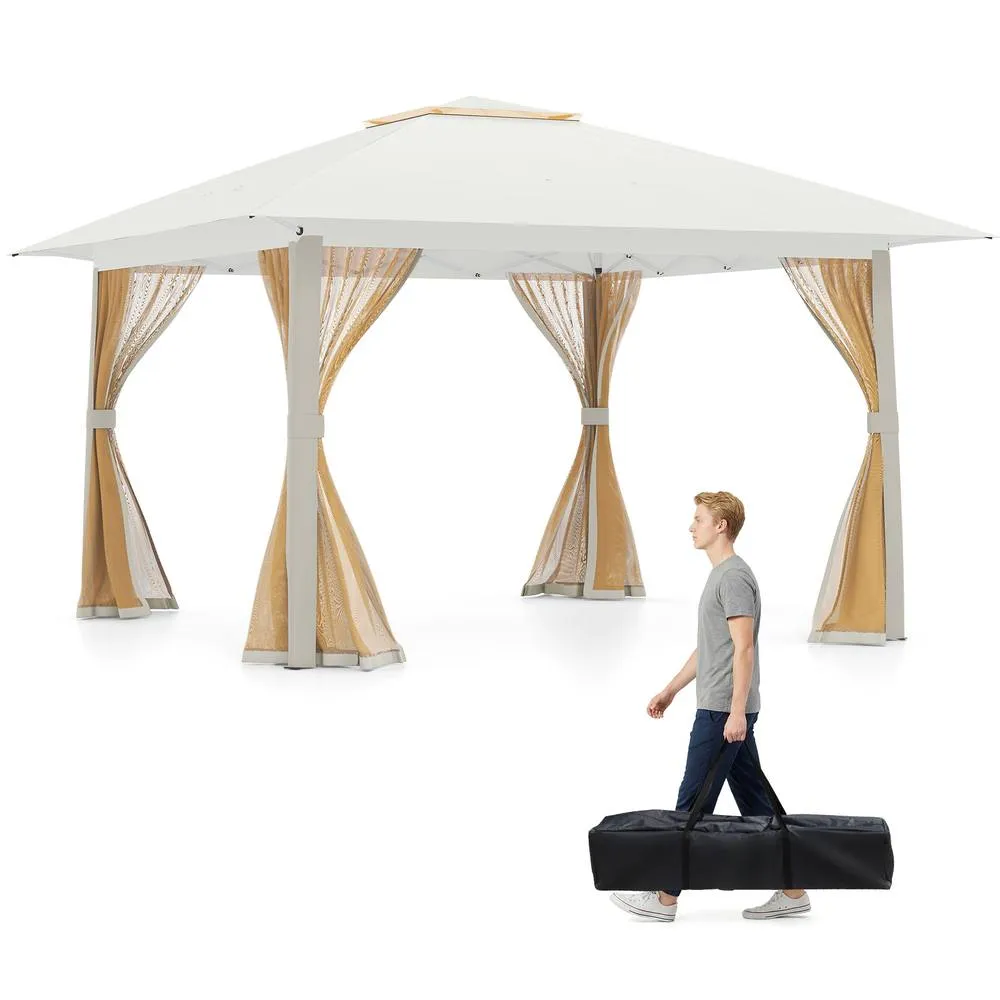 Costway Pop Up Gazebo Foldable Canopy Tent w/Mesh Netting & Double Roof in Beige 3